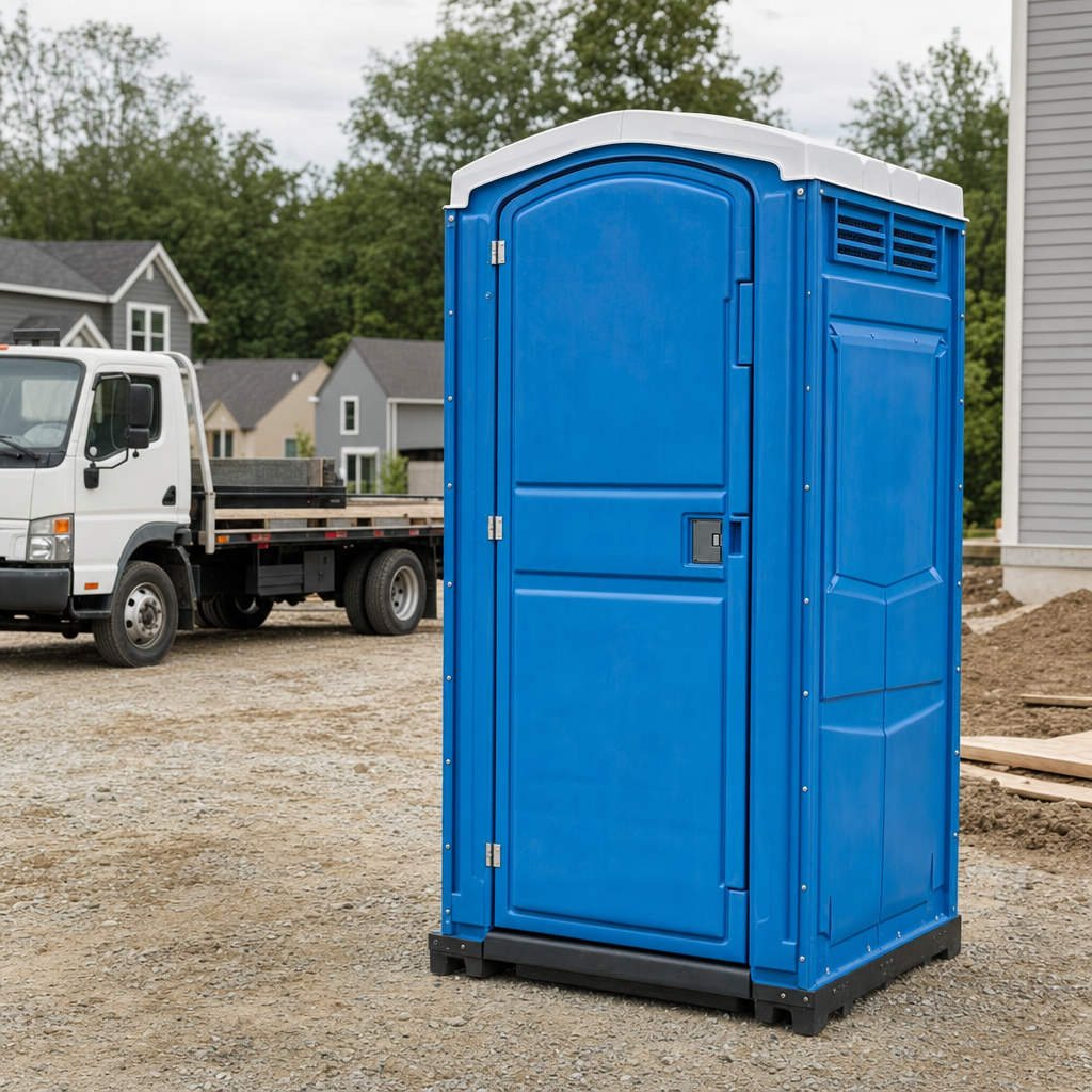 Delivery driver positioning a clean royal-blue portable toilet on level ground at a Salisbury worksite
