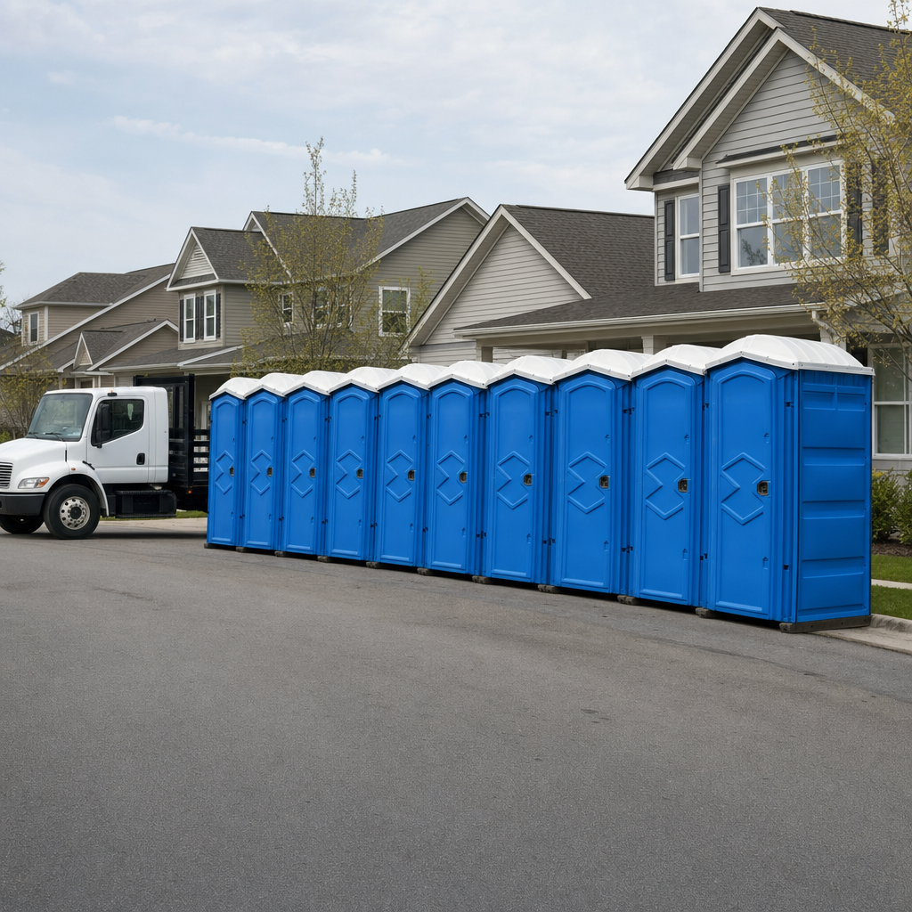 Royal blue portable toilets staged in a tidy row at a Salisbury jobsite, ready for delivery